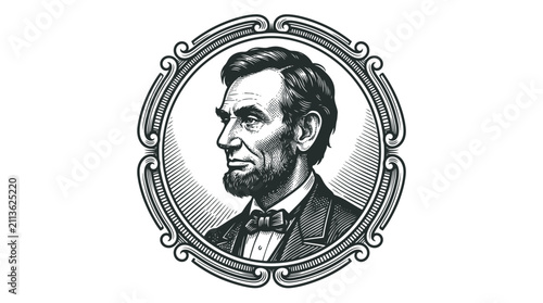 фотографія Engraved style portrait illustration of President Abraham Lincoln inside an ornate circular frame