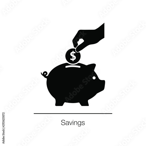 Black silhouette of a hand depositing a dollar coin into a ceramic piggy bank on a white background banking