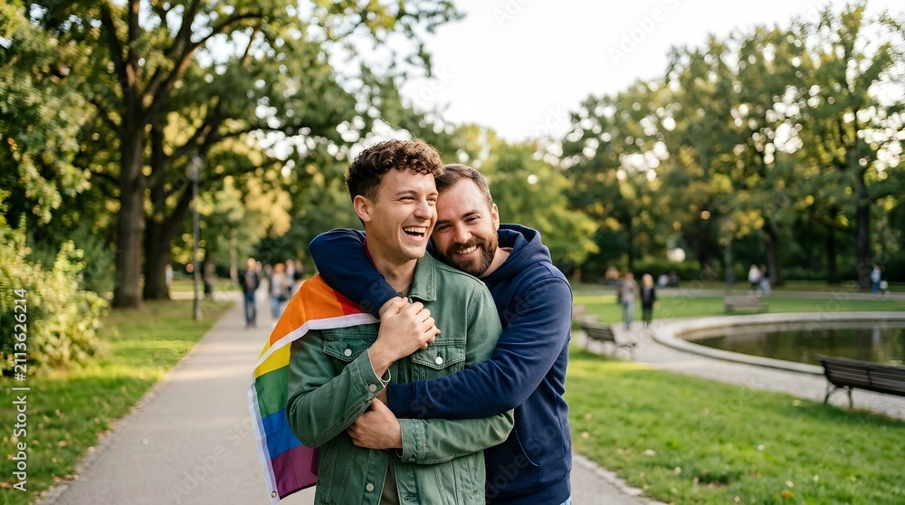 Fototapeta premium Happy people holding an LGBT pride flag outdoors in a park