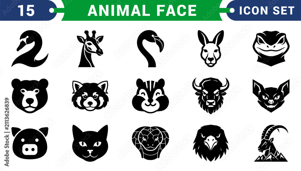 Fototapeta premium 15 Animal Face Icons Set – Wildlife, Safari, Farm Animals and Pet Vector Collection