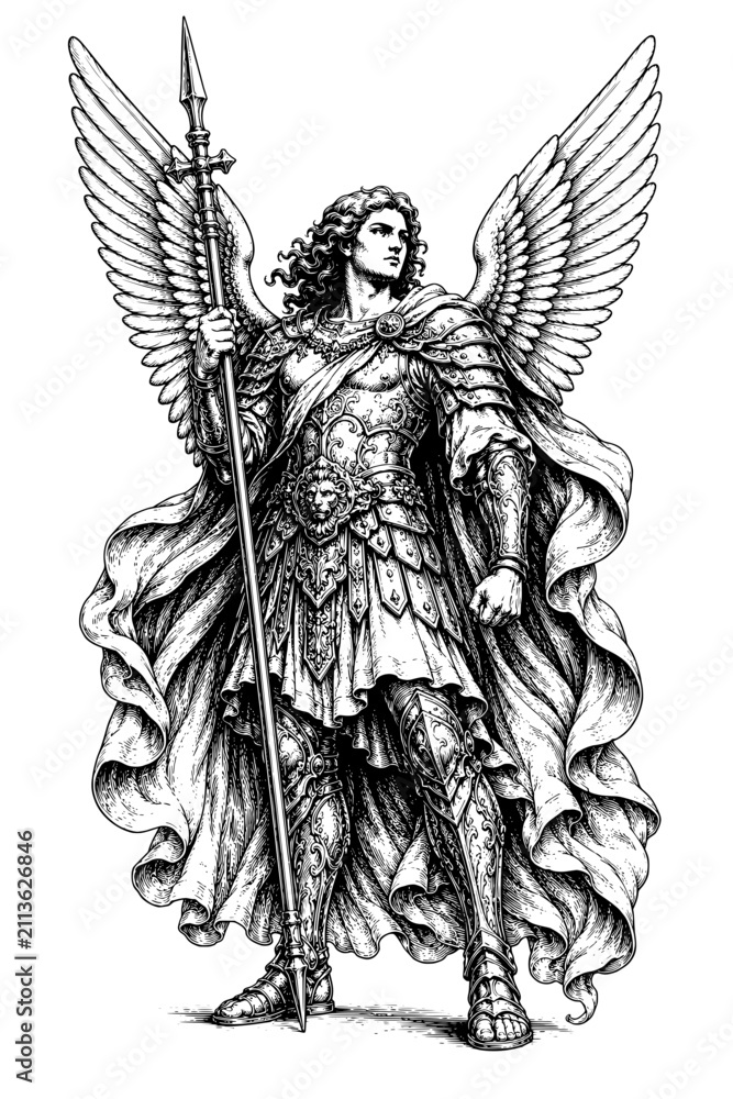 Obraz premium Majestic warrior angel with feathered wings, ornate armor, flowing cloak, and spear in a detailed vintage black and white engraving.