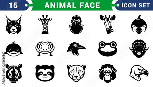 Canvas Print 15 Animal Face Icons Set – Wildlife, Pet, Zoo and Nature Silhouette Vector Colle