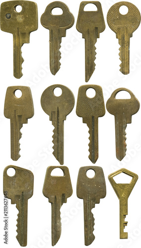 Collection of tarnished vintage brass keys with rustic textures isolated on transparent background