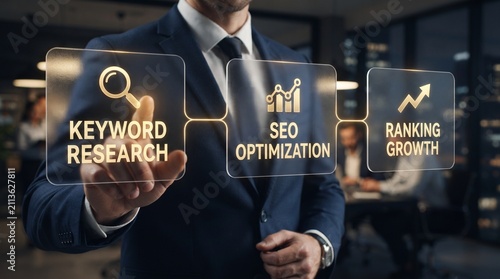 Seo specialist analyzing keyword research and ranking growth on digital dashboard interface