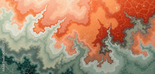 Fiery Orange And Sage Fractal Marble Pattern, Orange, Red, Sage Green, Perfect for Autumn Seasonal Marketing, Textile Print Design And Restaurant Branding