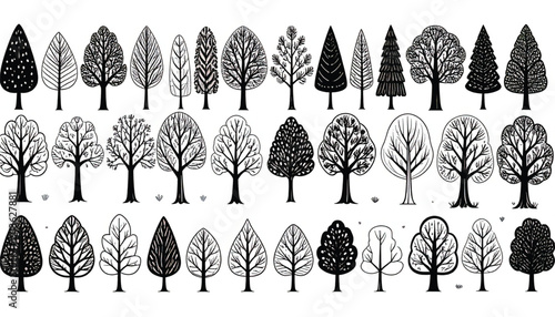 Diverse Black Silhouette Trees on White Background - Vector Illustration
