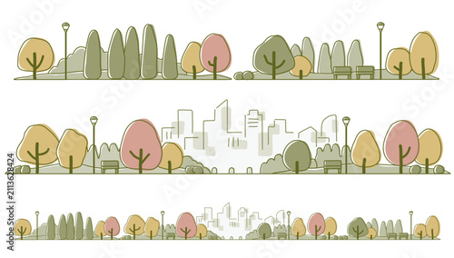 Bild auf Leinwand 秋の都市公園とビルの街並み　くすみカラーの手描き線画背景イラスト