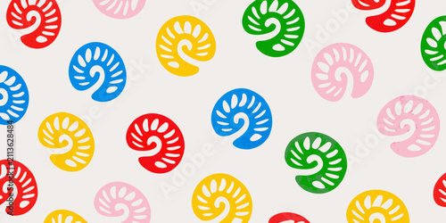 Colorful spiral seashell pattern on a light gray background
