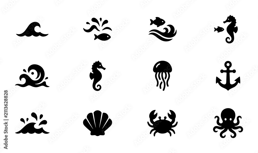 Obraz premium Marine Life Icons Set, Ocean Waves, Nautical Symbols, Seafood Elements, Aquatic Creatures Vector Graphics, Sea Life Collection