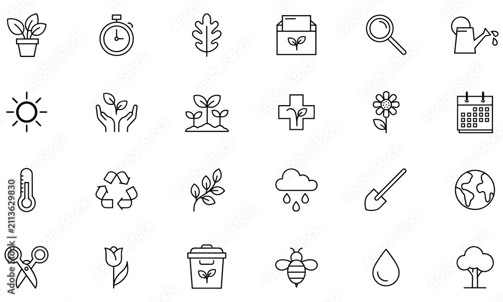 Fototapeta premium Set of environmental and gardening line featuring plants, weather, recycling, and nature