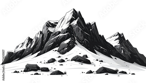 Dramatic Black and White Illustration of Jagged Mountains and Snowy Slopes