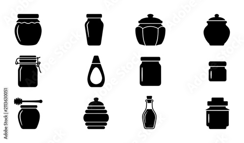 фотографія Set of 12 Black Honey Jar Icons, Food Container Silhouettes, Sweetener Packaging