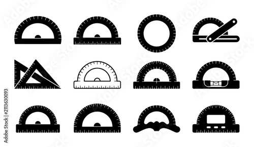 Foto Geometric Measurement Tools Set: Protractors, Rulers, and Set Squares for Precis