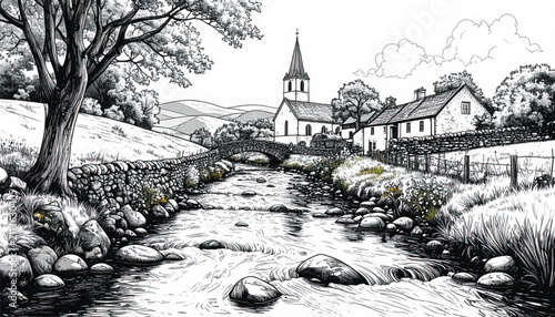 Dramatic Black and White Illustration of a Rocky Stream Bank with Textured Grass and Water Reflections