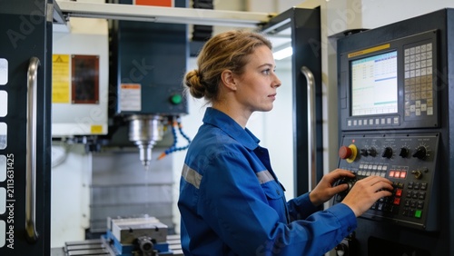 Engineer monitoring precision CNC machining process through computerized control system in modern factory.