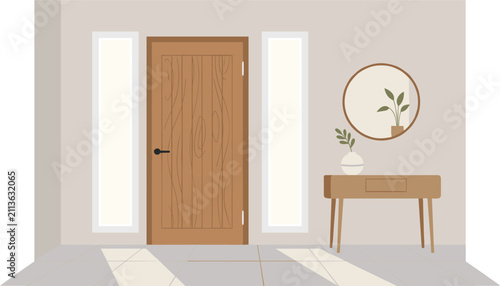 Elegant home entryway interior with a wooden front door, a stylish console table, plants, and a round wall mirror.