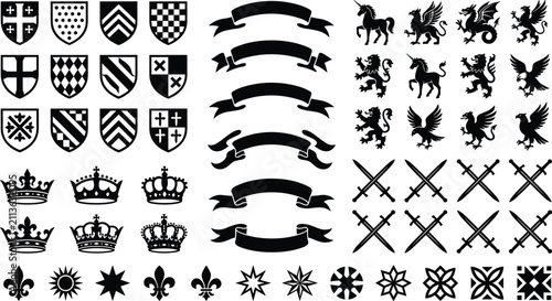 Medieval heraldry icon collection set featuring shields crowns banners lion griffin dragon unicorn crossed swords vector illustration