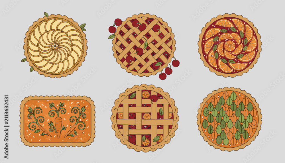 Fototapeta premium Set of delicious homemade sweet and savory pies featuring apple, cherry, orange, carrot, and green leafy designs.