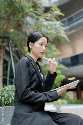 Thoughtful Asian businesswoman uses a digital tablet and stylus in a green office courtyard, representing career planning, professional focus, mobile work, leadership, and modern corporate lifestyle.