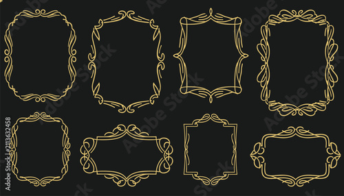 Collection of delicate ornate gold borders and frames in elegant vintage style on dark charcoal background.