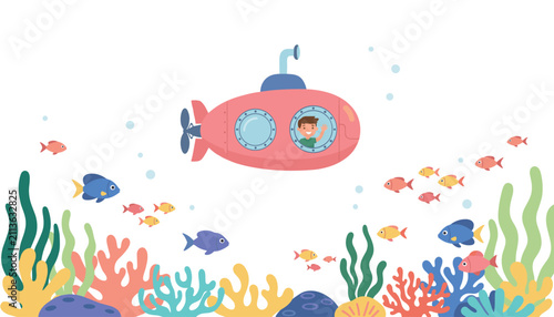 Cartoon boy waving from pink submarine underwater, surrounded by colorful tropical fish and seaweed corals.