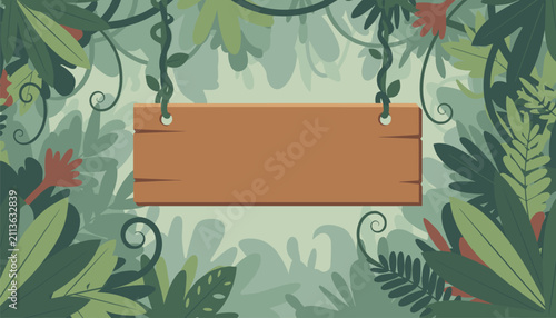 Empty wooden hanging sign board suspended by green vines in middle of lush tropical jungle foliage.