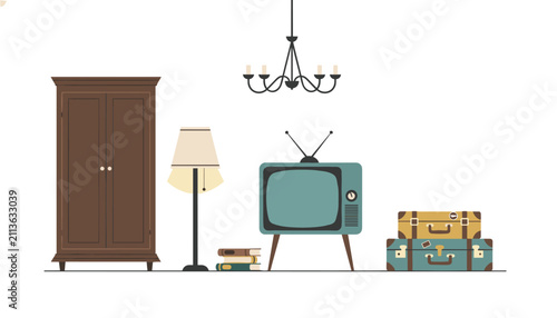 Retro interior elements showcasing a classic wooden wardrobe, floor lamp, vintage television, stacked suitcases, and a chandelier.