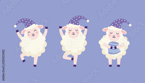 Three happy cartoon sheep wearing star pattern sleeping caps dancing and celebrating on a soft purple background.