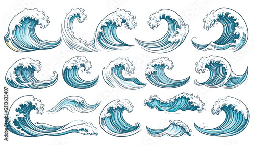 Dynamic Ocean Waves Illustration with Japanese Art Style