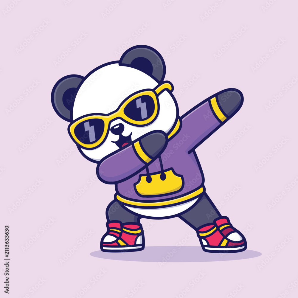 Fototapeta premium Playful panda dabbing in streetwear panda, panda, dabbing, mascot, cartoon, cool, hoodie, sunglasses, dance, dance pose,