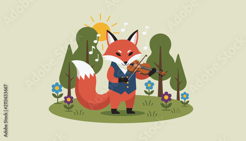 Cute cartoon red fox wearing a vest and playing the violin in a sunny forest clearing surrounded by flowers.