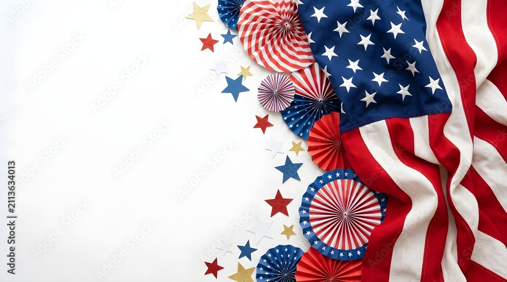 Obraz premium American flag background with red white and blue paper fans and star decorations on a white surface for patriotic holiday celebrations