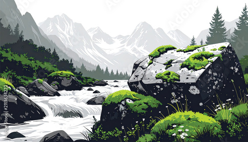 Dynamic Waterfall and Lush Greenery in Abstract Vector Art Style