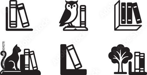 Black and white book stack icons with animals and objects Vector