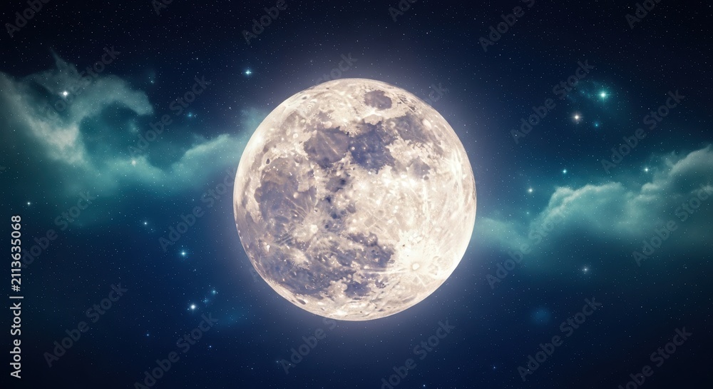Obraz premium Full Moon in a Starry Night Sky with Cosmic Clouds and Nebulae - Detailed Lunar Surface Background