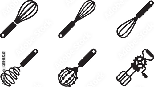 Six black kitchen whisks and beaters set illustration Vector
