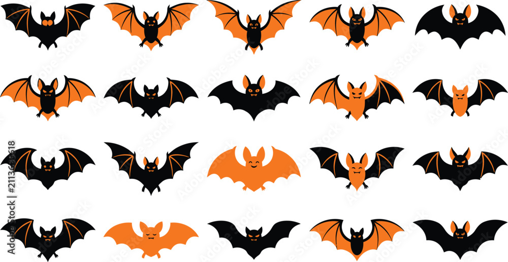Fototapeta premium A comprehensive halloween vector bundle featuring various flying bat silhouettes in black and orange colors perfect for spooky holiday graphic design projects