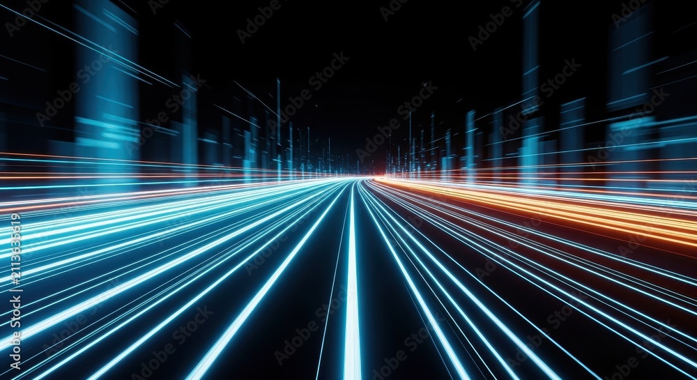 Obraz premium Futuristic Digital Highway with High-Speed Light Trails Representing Data Transmission and Connectivity in a Cyber City Environment