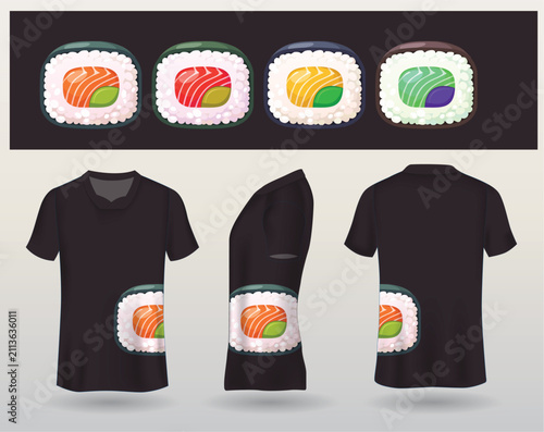 Sushi Roll Icon Set with Black T-Shirt Mockup Design
