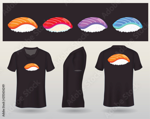 Sushi Icon Set with Black T-Shirt Mockup Design
