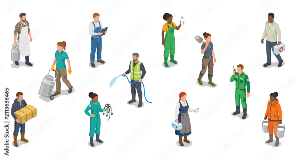 Fototapeta premium Dairy farm workers vector set carrying milk, hay bales and agricultural equipment | Isometric flat illustration