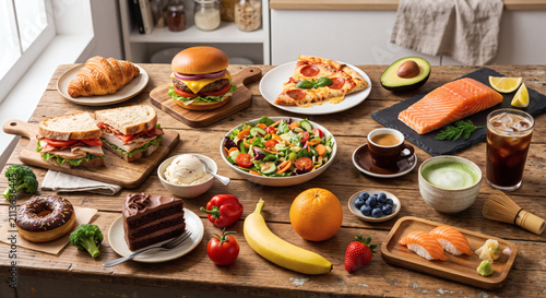 Various Fresh Foods and Meals Assortment on Wooden Table