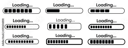 Loading progress bar icons with black status indicators for user interface, download process, buffering, and completion tracking vector, designs