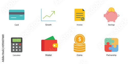 Business and Finance Flat Icons Set – Card, Growth Chart, Invoice, Savings, Wallet, Calculator, Coins and Partnership Vector Collection
