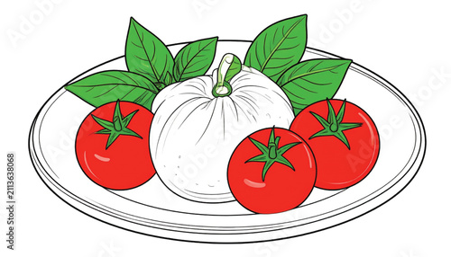 Vibrant cartoon tomato character with a happy face and dynamic curved lines, isolated on white