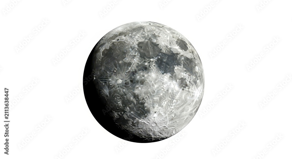 Naklejka premium Detailed Full Moon with Craters and Surface Texture Isolated on White Background for Astronomy and Space Design