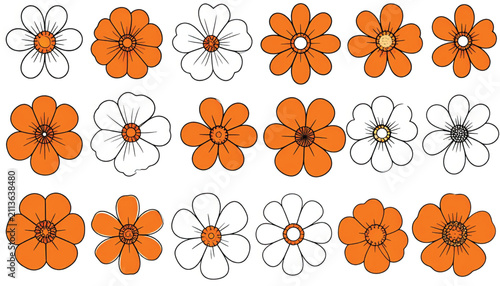 Vibrant Orange Flowers with Black Outlines - Stylized Vector Illustration for Spring, Summer, and Floral Designs