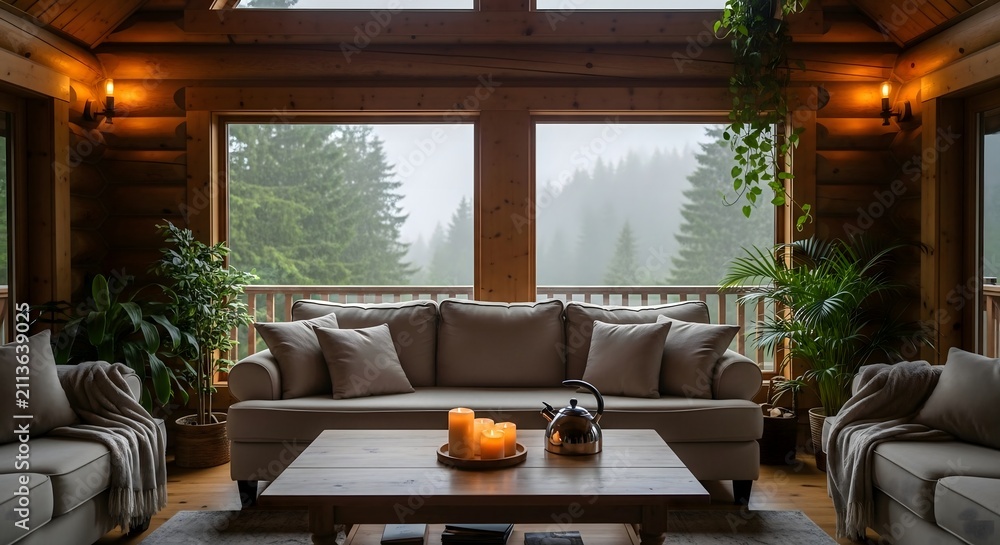 Fototapeta premium Cozy rustic log cabin interior with rainy forest view through window