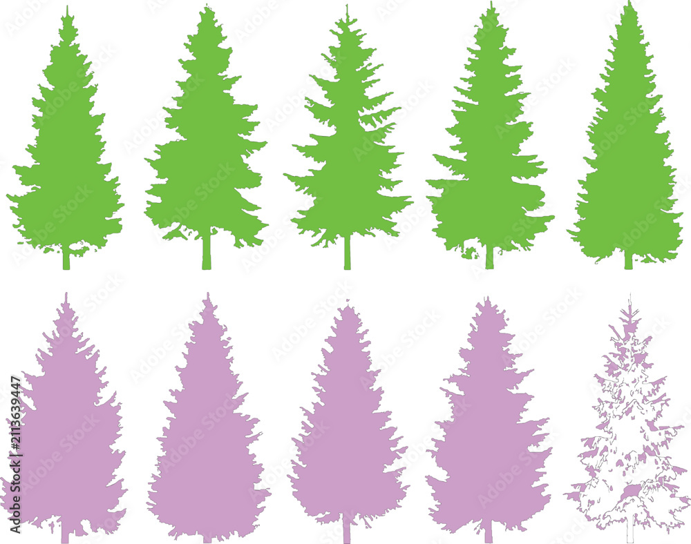 Fototapeta premium Set of colorful pine tree silhouettes vector