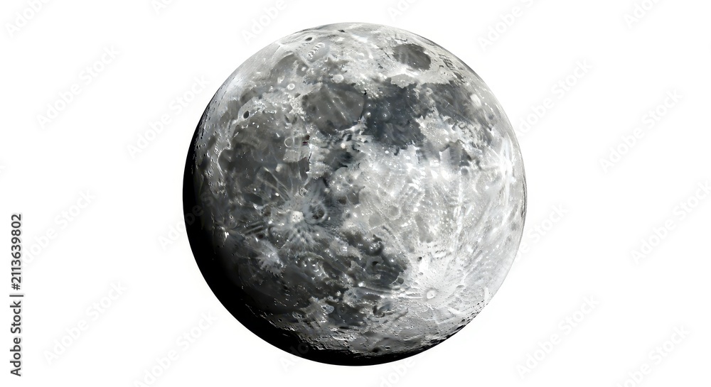 Naklejka premium Highly Detailed Full Moon Sphere with Visible Craters and Surface Texture Isolated on White Background for Design